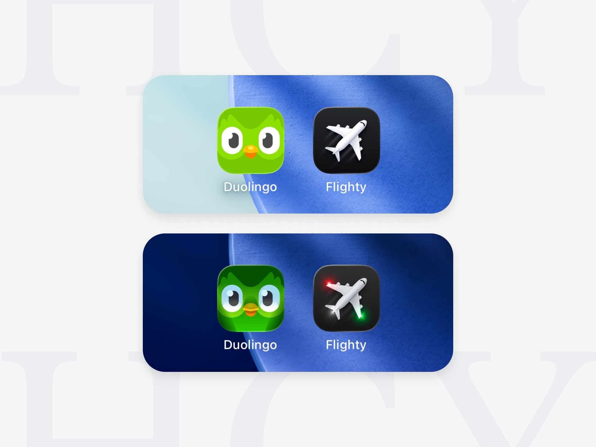承邑牌設計秘訣 Duolingo和Flighty利用了深淺模式App Icon轉換的特性，創造有趣的圖案變化