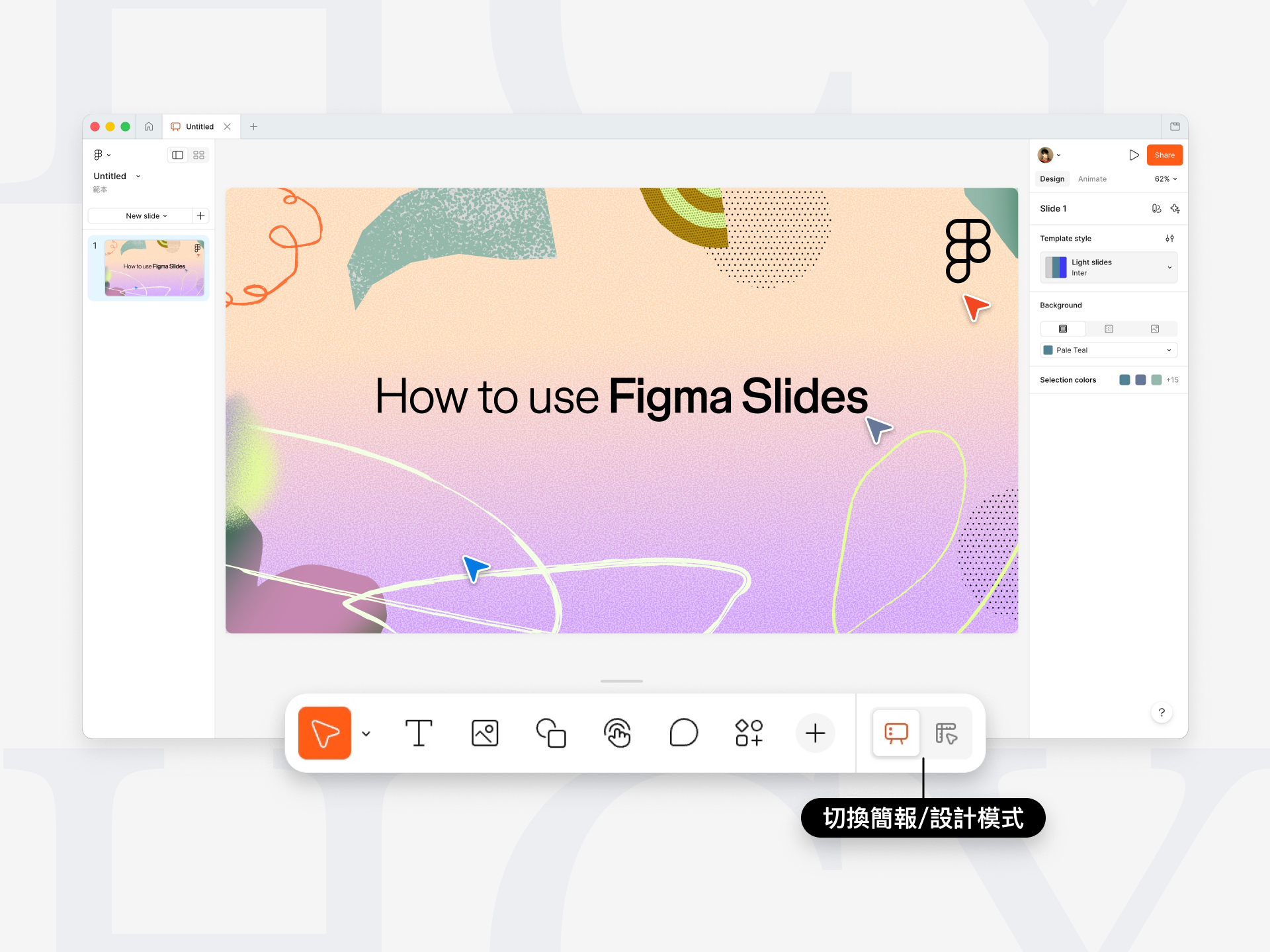承邑牌設計秘訣 Figma Slides的主界面一覽。右下方的頁籤可切換簡報/設計模式，存取不同的工具