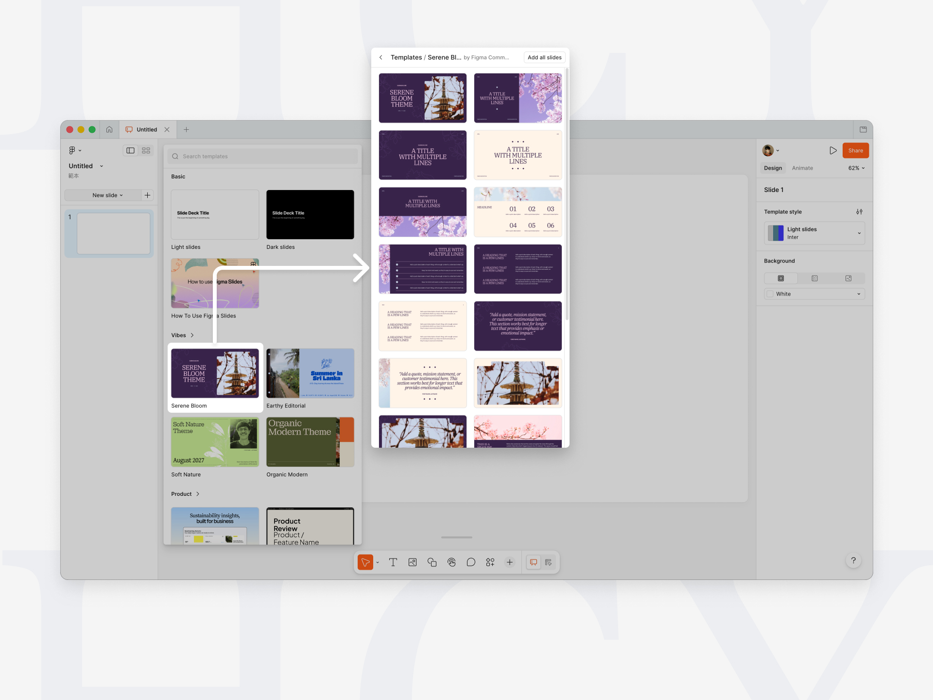 承邑牌設計秘訣 多數簡報軟體中一份檔案只能使用一個模板。模板控制了簡報的外觀，任何修改都會套用到相關的子頁面上。但Figma Slides是一份檔案可以使用多個模板，且模板套用是一次性的
