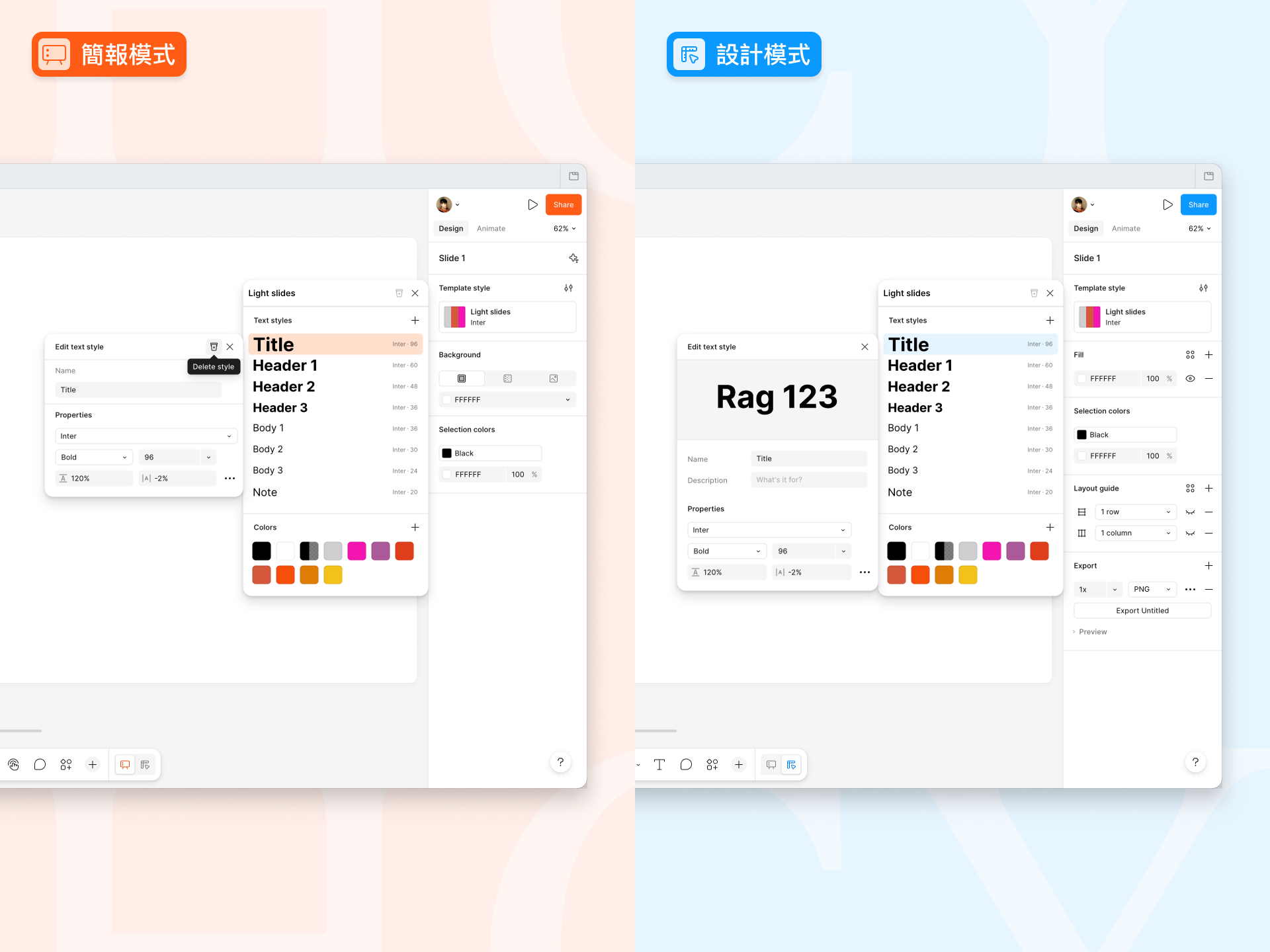 承邑牌設計秘訣 同樣的標題，在簡報模式中會出現「刪除樣式」的按鈕，但按鈕卻在設計模式中消失了